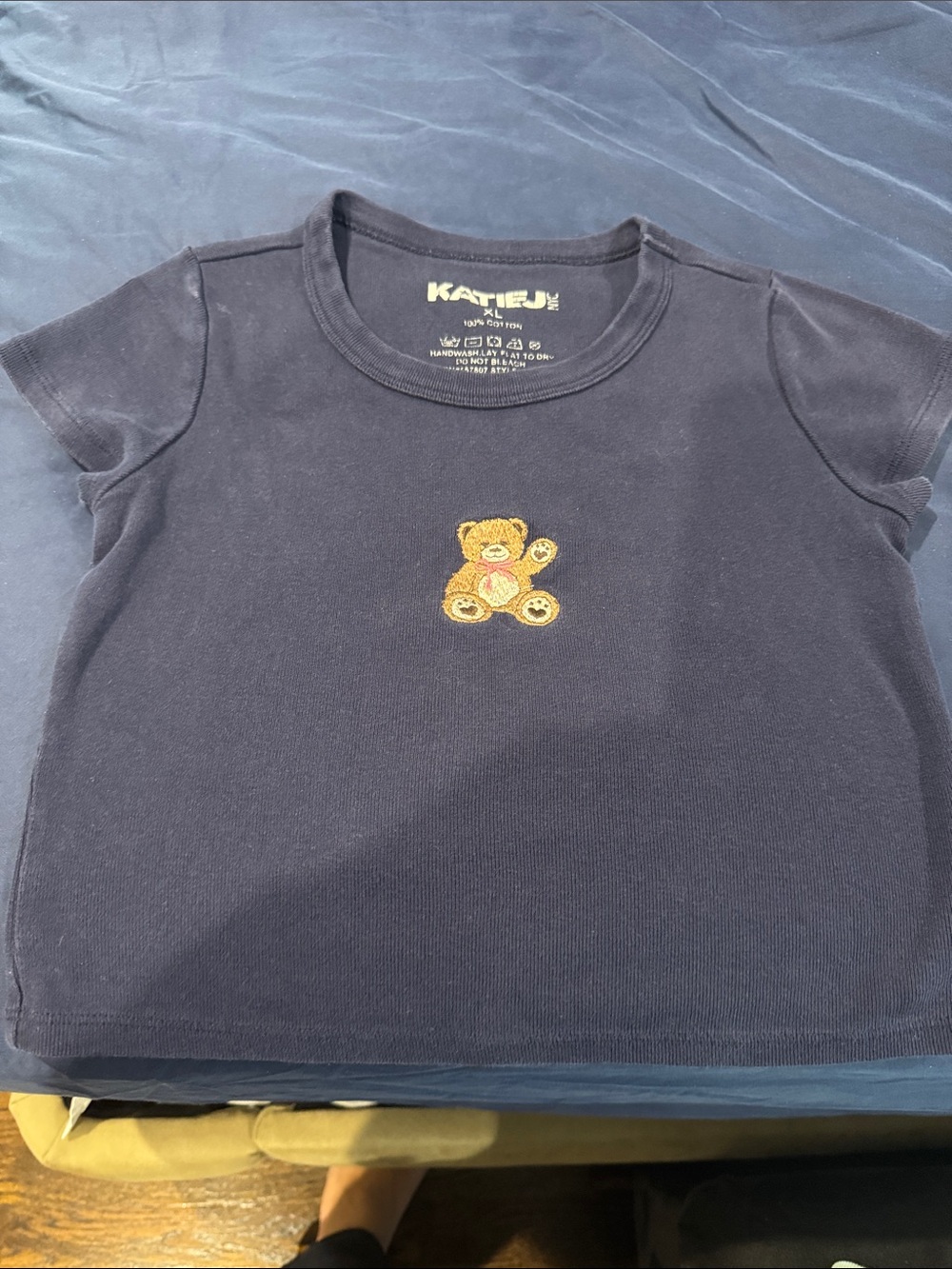 Katie J NYC Navy Short-Sleeve Tee with Embroidered Teddy Bear size XL